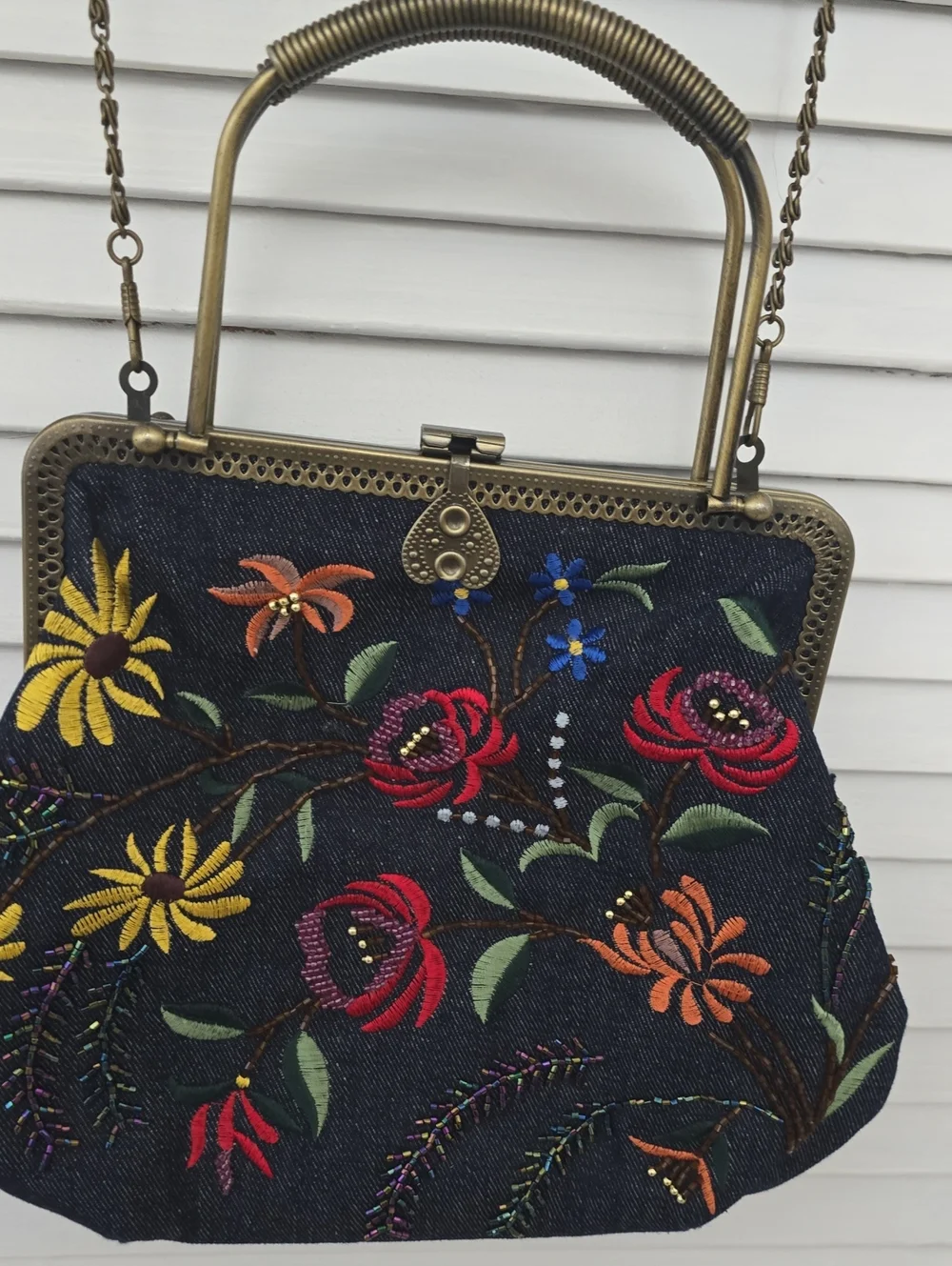Embroidered Floral Denim Handbag - Navy with Multicolor Flowers